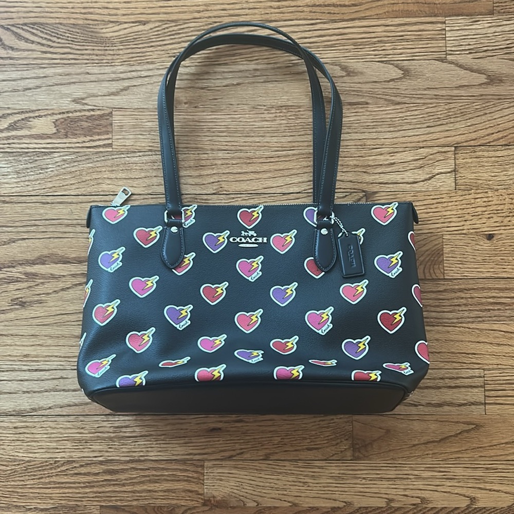 Coach Black Tote with Pink, Purple, Red and Yellow Heart Print - Picture 2 of 16